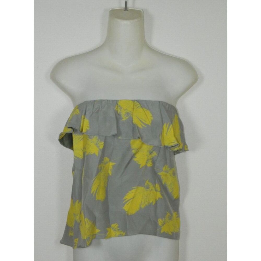 Amanda Uprichard Tank TopSize Large Strapless Gray Yellow Floral Ruffle Silk